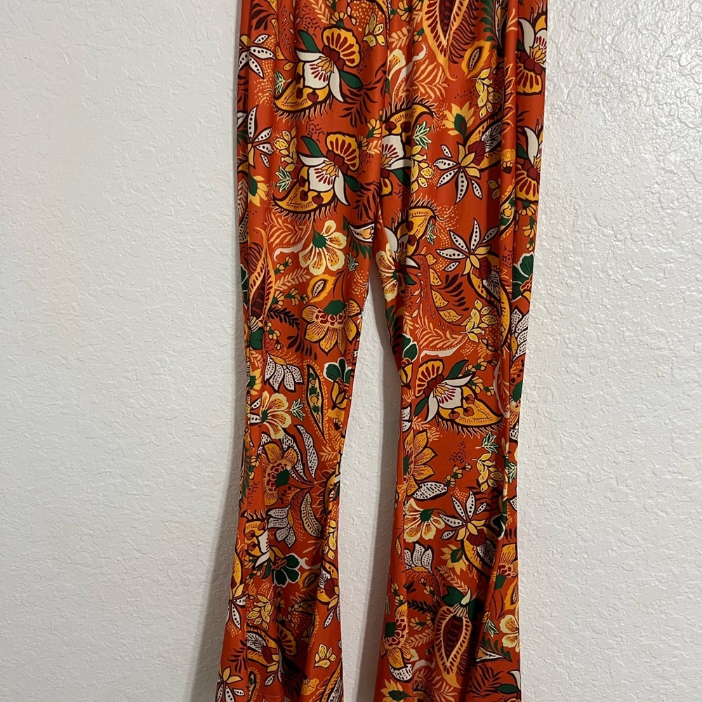 Colorful Women Floral Orange Hippie Flared Pull On Pants Size M # 532